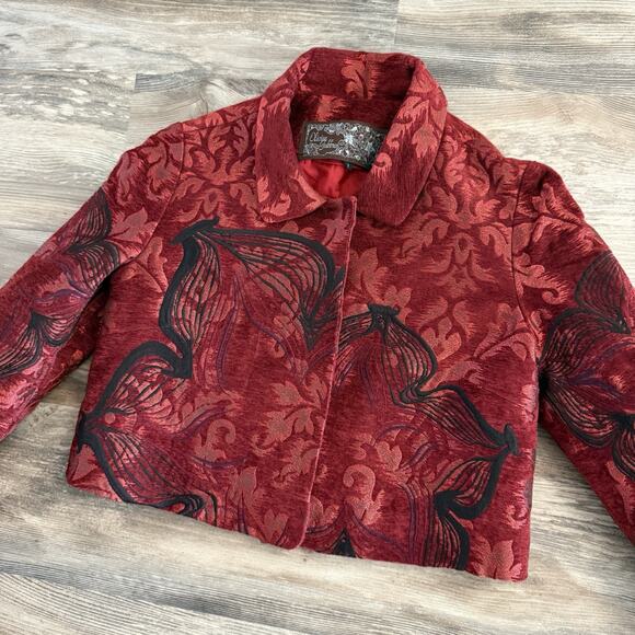 Olivine Gabbro Red Velvet Jacket Women’s Size 6 Cropped Floral Statement Coat - Picture 1 of 8